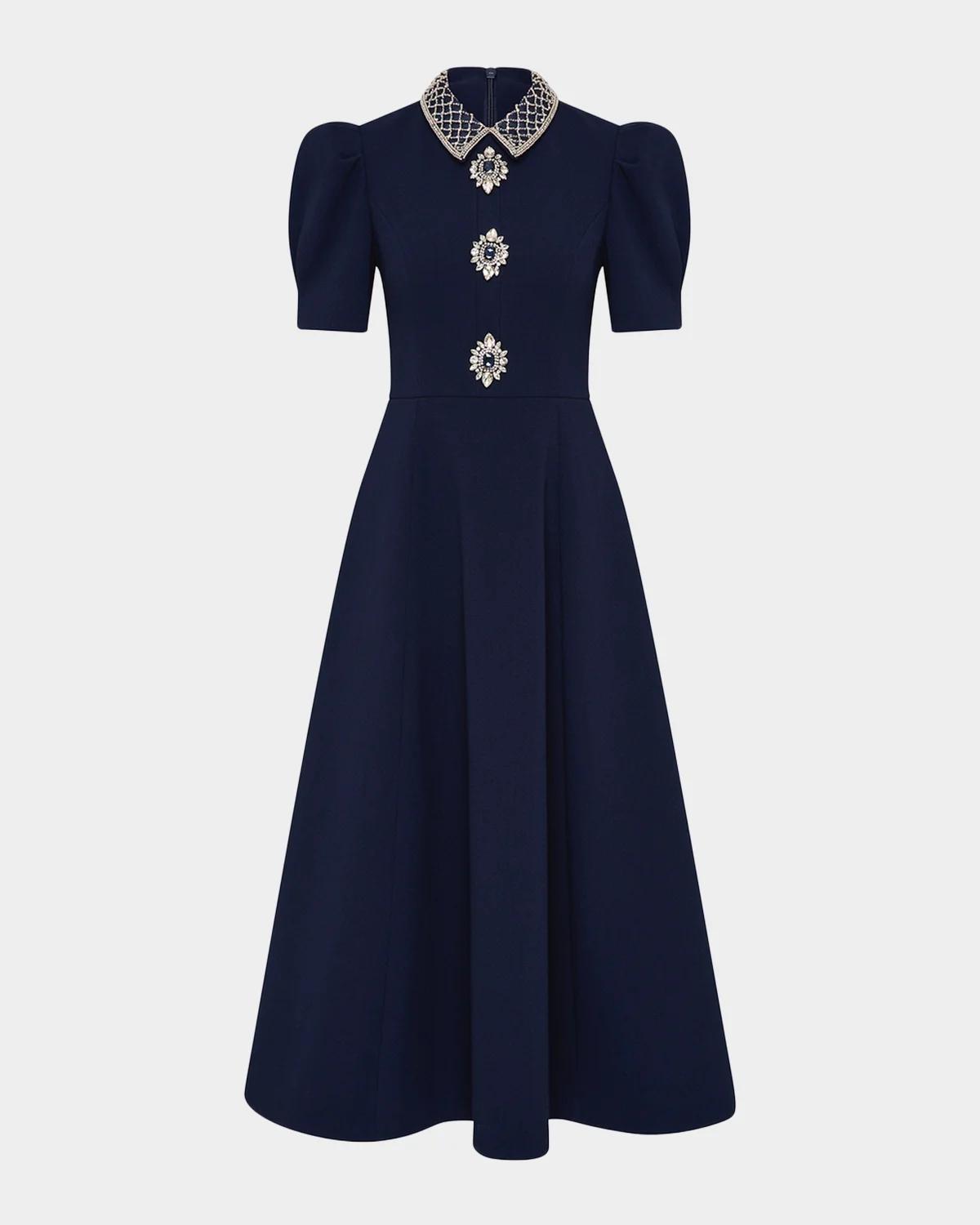 Rebecca Vallance Crown Jewel Brooch-Embellished Midi Dress