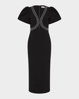 REBECCA VALLANCE Nyx Puff-Sleeve Diamante Cutout Midi Dress
