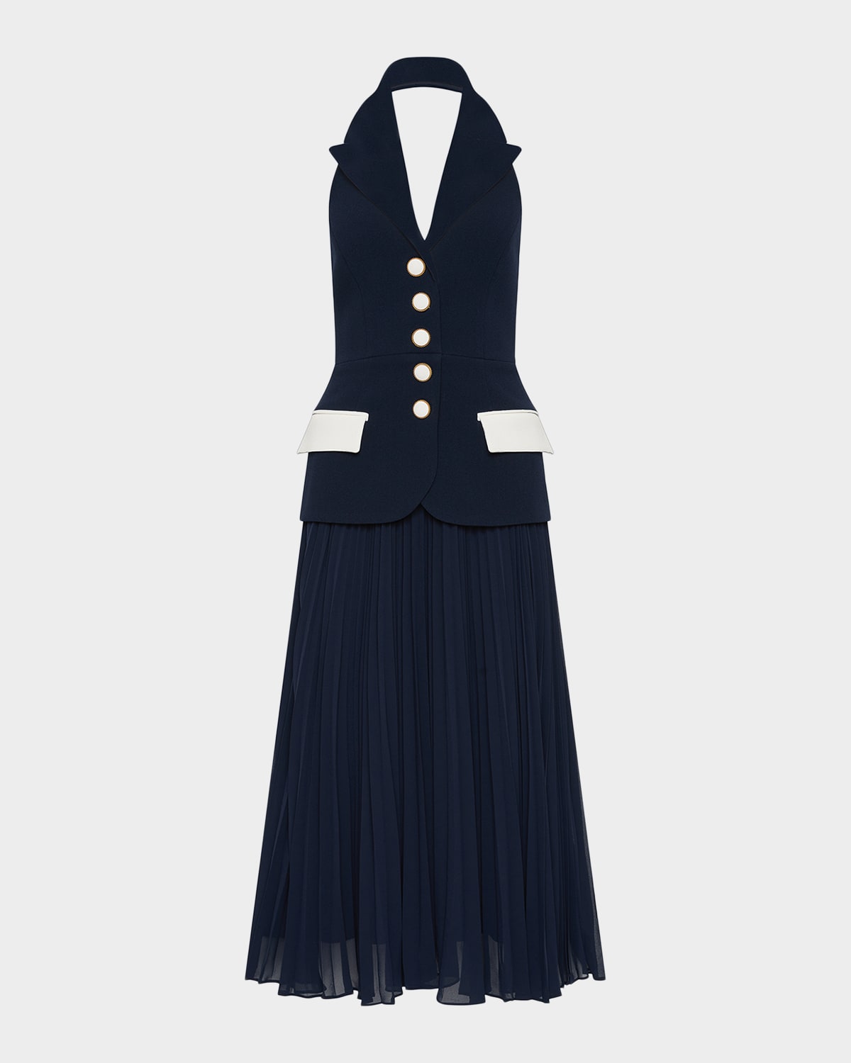 REBECCA VALLANCE Ula Halter Lapel Pleated Midi Dress