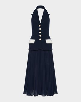 REBECCA VALLANCE Ula Halter Lapel Pleated Midi Dress
