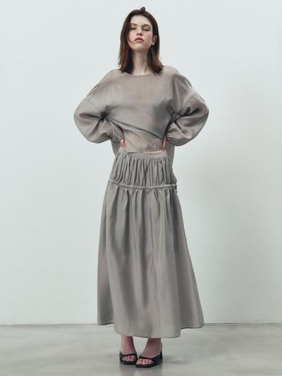 REBOLD Tencel Blend Shirring Flare Skirt [Light Gray]