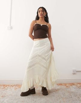 Reclaimed Vintage Reclaimed Vintage asymmetric hem midi skirt with lace trim in cream-White