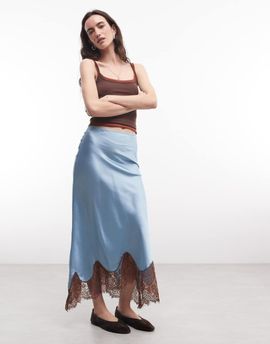 Reclaimed Vintage Reclaimed Vintage asymmetric skirt with lace in blue and brown lace