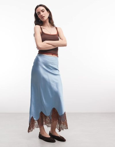 Reclaimed Vintage Reclaimed Vintage asymmetric skirt with lace in blue and brown lace