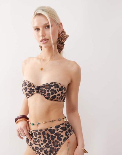 Reclaimed Vintage Reclaimed Vintage bandeau knot bikini top in leopard print-Multi