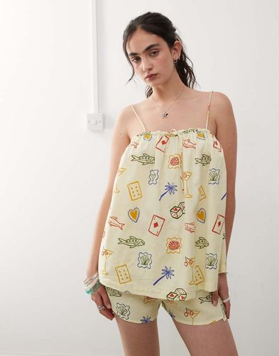 Reclaimed Vintage Reclaimed Vintage beach smock trapeze top in yellow postcard print-Multi