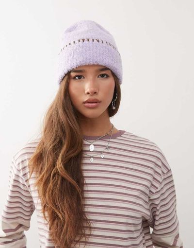 Reclaimed Vintage Reclaimed Vintage beanie with chocolate brown blanket stitch in lilac purple