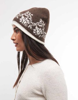 Reclaimed Vintage Reclaimed Vintage beanie with floral border in brown and cream-Multi