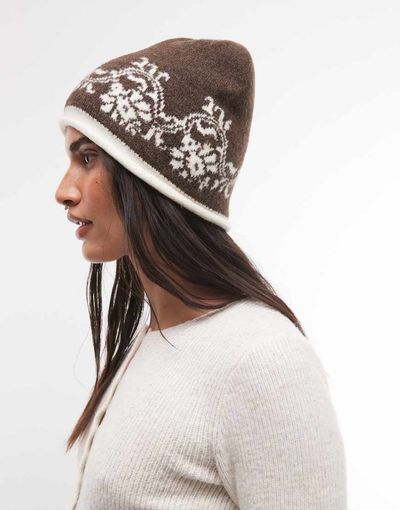 Reclaimed Vintage Reclaimed Vintage beanie with floral border in brown and cream-Multi