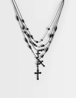 Reclaimed Vintage Reclaimed Vintage black beaded multi row necklace with crosses