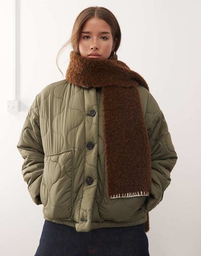 Reclaimed Vintage Reclaimed Vintage blanket stitch scarf in brown teddy