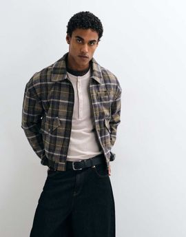 Reclaimed Vintage Reclaimed Vintage boxy check zip through jacket with rib cuff detail-Brown