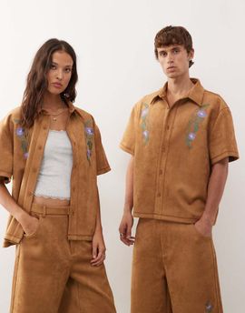 Reclaimed Vintage Reclaimed Vintage boxy faux suede shirt with embroidery in tan - part of a set-Brown