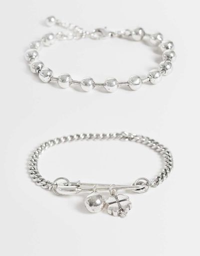 Reclaimed Vintage Reclaimed Vintage burnished silver bracelet two pack with safety pin and charms