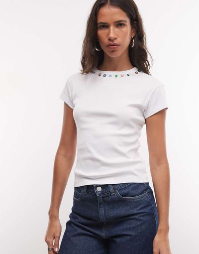 Reclaimed Vintage Reclaimed Vintage button detail heavy weight T-shirt in ecru-White