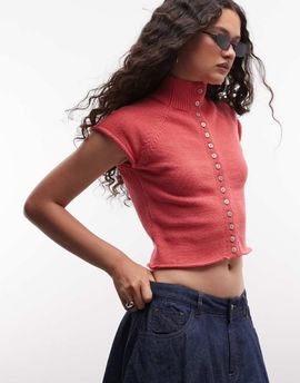Reclaimed Vintage Reclaimed Vintage button through high neck compact knit tank in raspberry-pink