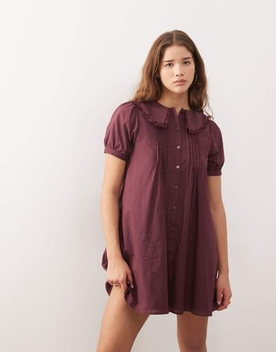 Reclaimed Vintage Reclaimed Vintage button up mini dress with pintucks in plum-Purple