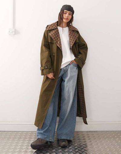 Reclaimed Vintage Reclaimed Vintage check lined trench coat with belt in khaki-Brown