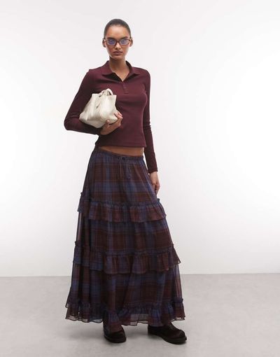 Reclaimed Vintage Reclaimed Vintage chiffon check maxi skirt-Blue