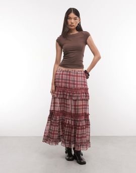 Reclaimed Vintage Reclaimed vintage chiffon check maxi skirt-Pink