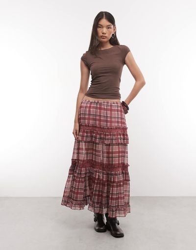 Reclaimed Vintage Reclaimed vintage chiffon check maxi skirt-Pink