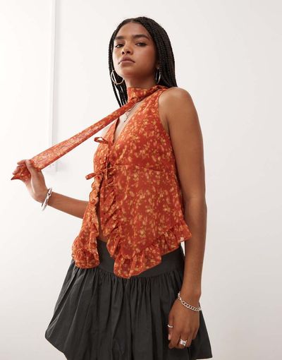 Reclaimed Vintage Reclaimed Vintage chiffon floral print ruffle tie front blouse with matching scarf in brown
