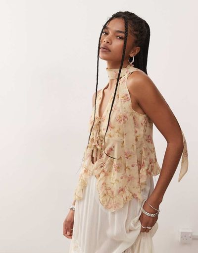 Reclaimed Vintage Reclaimed Vintage chiffon floral print ruffle tie front blouse with matching scarf in butter yellow