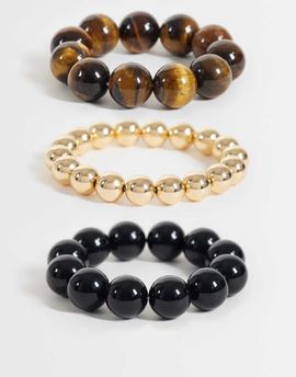 Reclaimed Vintage Reclaimed Vintage chunky three pack of bracelets in tigers eye, black and gold-Brown