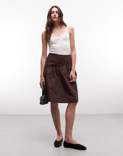 Reclaimed Vintage Reclaimed Vintage cotton poplin awkward length skirt in brown