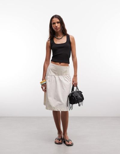 Reclaimed Vintage Reclaimed Vintage cotton poplin awkward length skirt in ivory-White