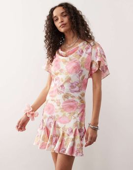 Reclaimed Vintage Reclaimed Vintage cowl neck mini dress with dropped waist detail in vintage floral-Multi