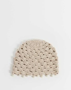 Reclaimed Vintage Reclaimed Vintage crochet beanie with faux pearl trim in cream-White