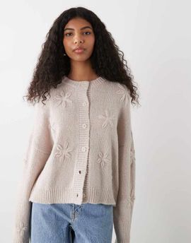 Reclaimed Vintage Reclaimed Vintage crochet boxy cardigan with 3D flowers in cream-White