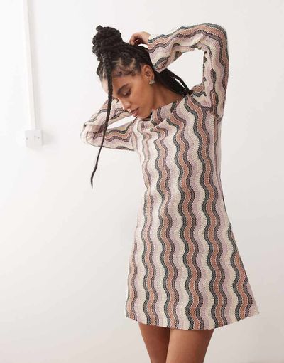 Reclaimed Vintage Reclaimed Vintage crochet flare sleeve festival mini dress in multi stripe