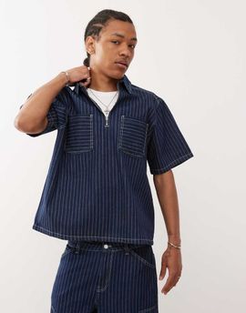 Reclaimed Vintage Reclaimed Vintage denim boxy shirt with zip detail in blue pinstripes - part of a set
