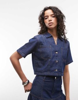 Reclaimed Vintage Reclaimed Vintage denim cropped short sleeve shirt in indigo - part of a set-Blue