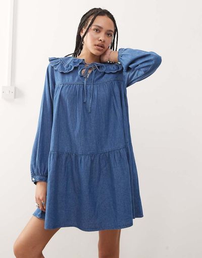 Reclaimed Vintage Reclaimed Vintage denim mini smock dress with oversized peter pan collar in midwash blue