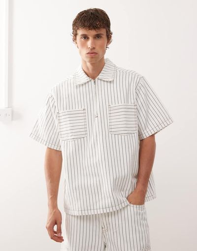 Reclaimed Vintage Reclaimed Vintage denim pinstripe boxy shirt with zip detail in white and brown - part of a set