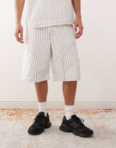 Reclaimed Vintage Reclaimed Vintage denim pinstripe carpenter shorts in white and brown - part of a set