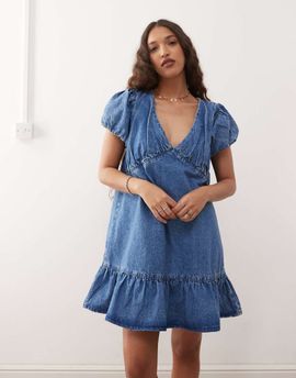 Reclaimed Vintage Reclaimed Vintage denim smock mini dress with puff sleeves in midwash blue