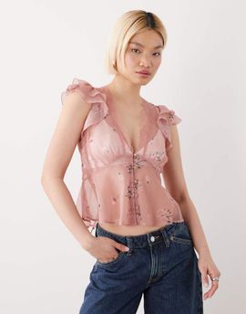 Reclaimed Vintage Reclaimed Vintage dressy button down top with lace trim in pink floral print-Multi