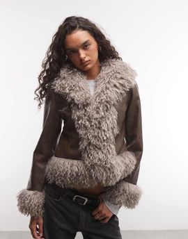 Reclaimed Vintage Reclaimed Vintage faux fur short coat in brown with cuffs