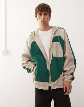 Reclaimed Vintage Reclaimed Vintage festival track jacket in spliced plaid print-Neutral