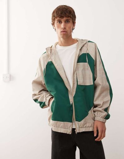 Reclaimed Vintage Reclaimed Vintage festival track jacket in spliced plaid print-Neutral