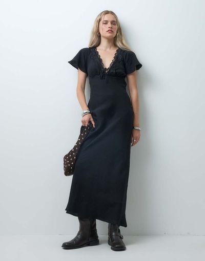 Reclaimed Vintage Reclaimed Vintage flax textured tie front maxi dress with lace trim in black-WHITE