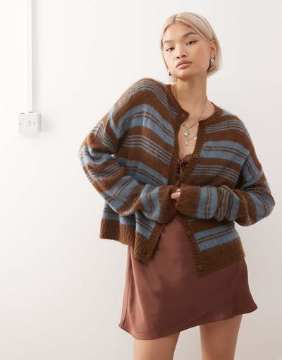 Reclaimed Vintage Fluffy Knit Boxy Cardigan In Brown And Blue Stripe-Multi