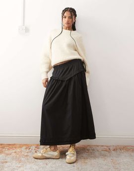 Reclaimed Vintage Reclaimed Vintage full midi skirt with ruffle detailing on waist and hem in black-Multi