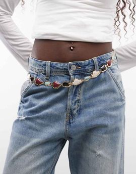 Reclaimed Vintage Reclaimed Vintage gold molten belly chain with faux semi stones-Multi