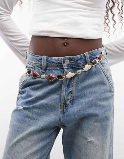 Reclaimed Vintage Reclaimed Vintage gold molten belly chain with faux semi stones-Multi