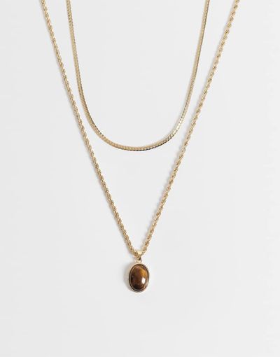 Reclaimed Vintage Reclaimed Vintage gold neck chain and pendant with semi precious tigers eye stone